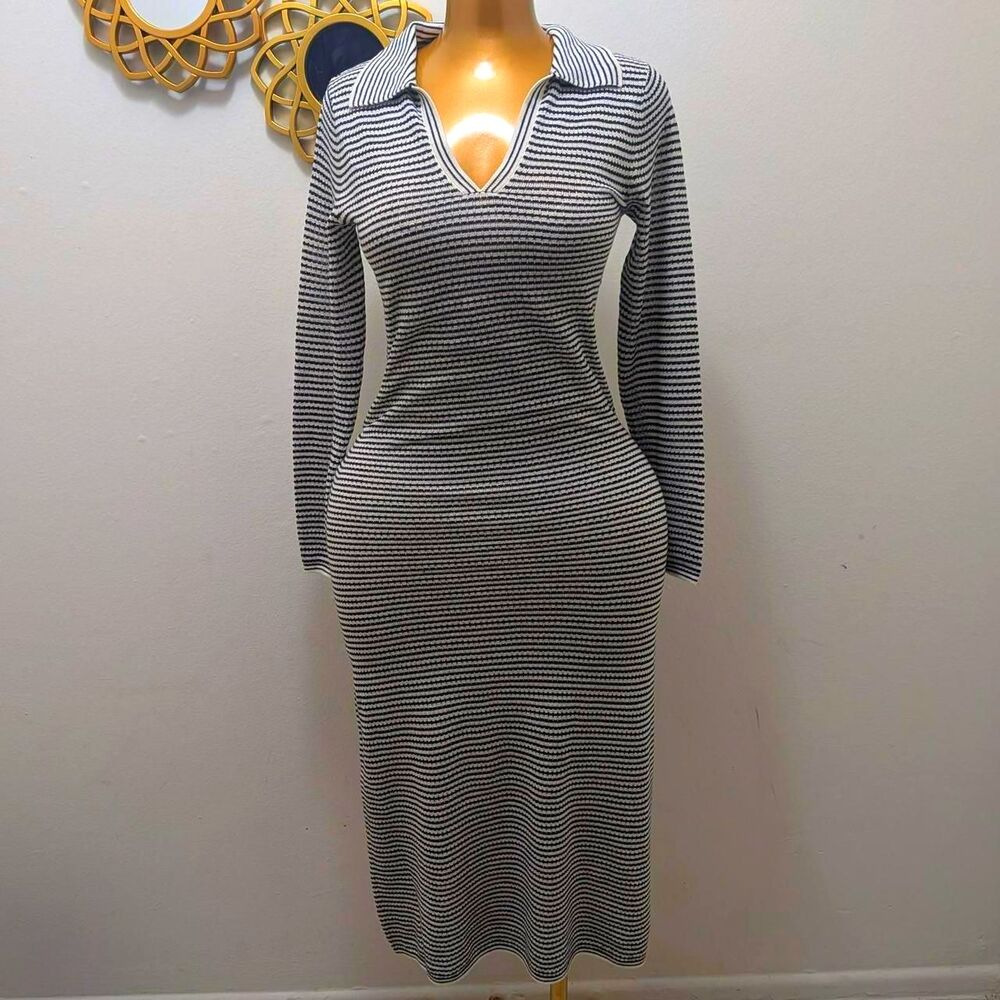 A-new-day Women's Stripped Ribbed Knit Polo Collar Bodycon Maxi Dress XS NWT